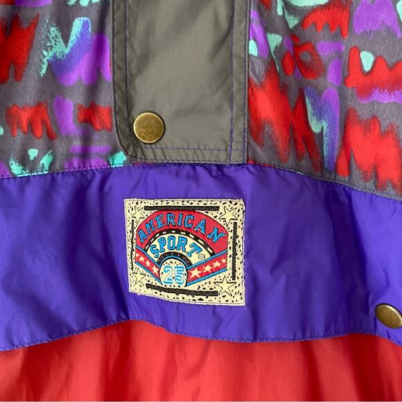 San Marco Vintage Mens Retro Windbreaker Nylon Hood Abstract Large Purple Red - Picture 6 of 8